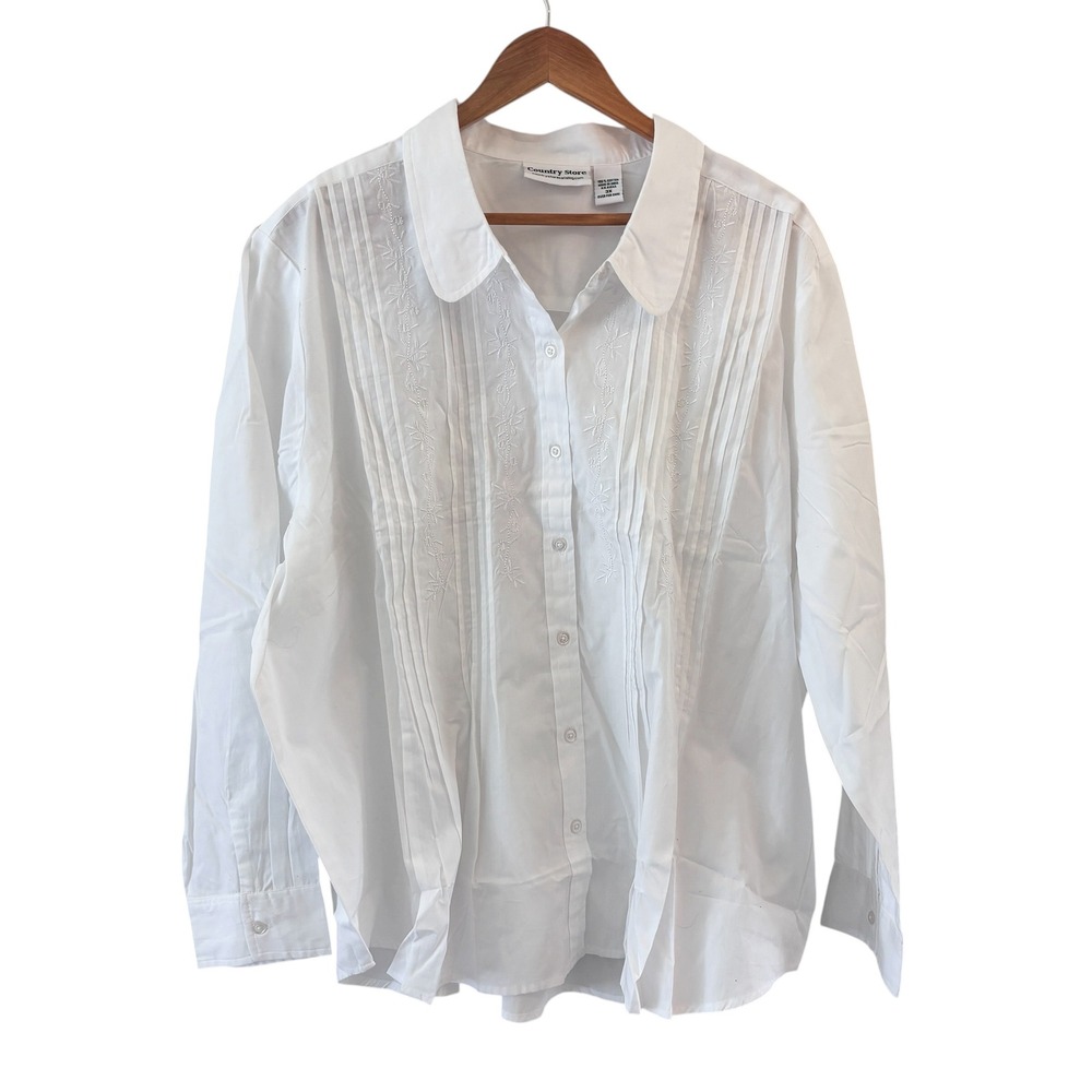 Country Store Blouse Womens 3X White Embroidered Pintuck Button Down Boho Top